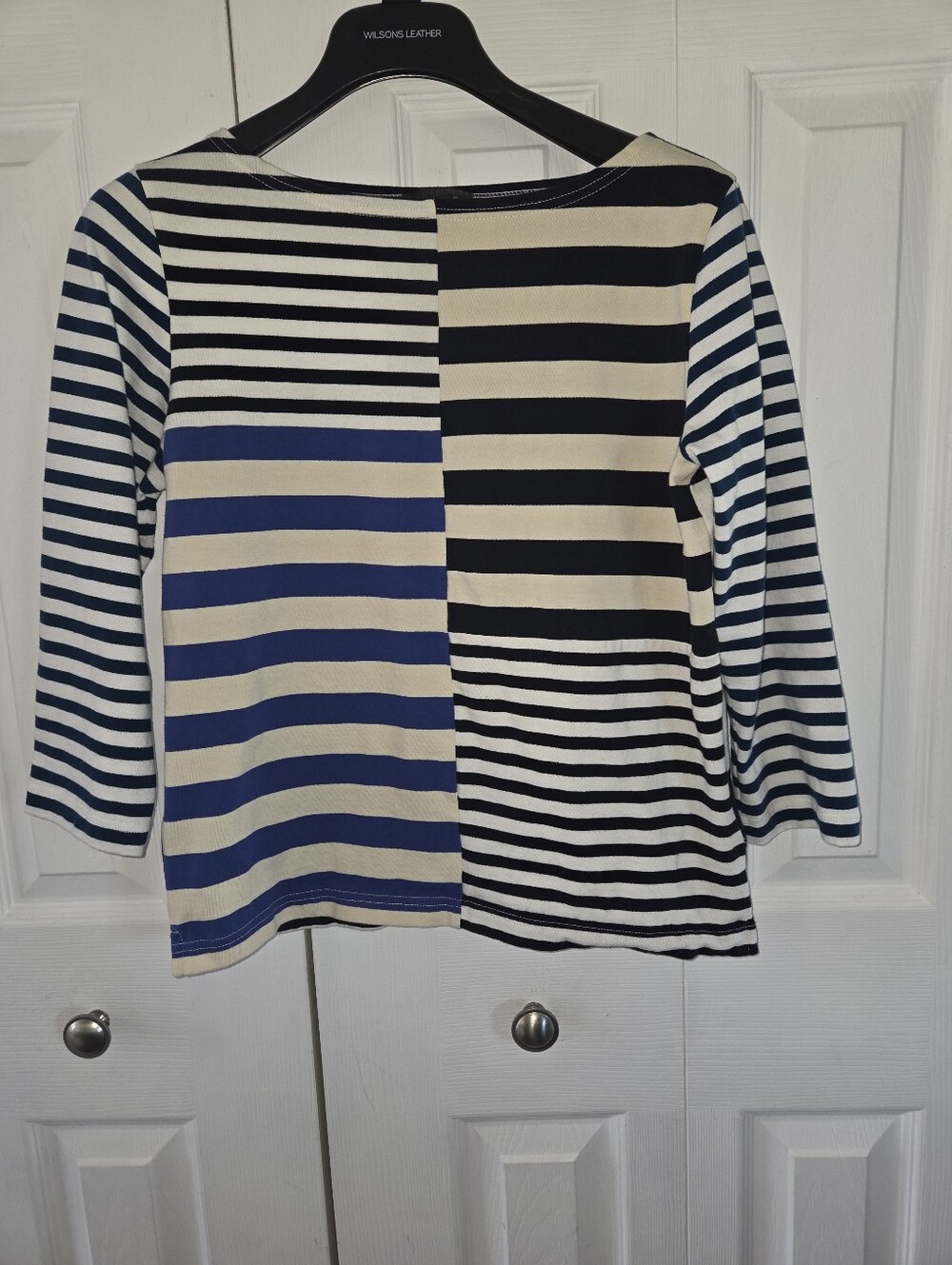 Womens J. Crew Colorblock Striped 3/4 Sleeve Top in Blue, Black & Cream, Sz SM